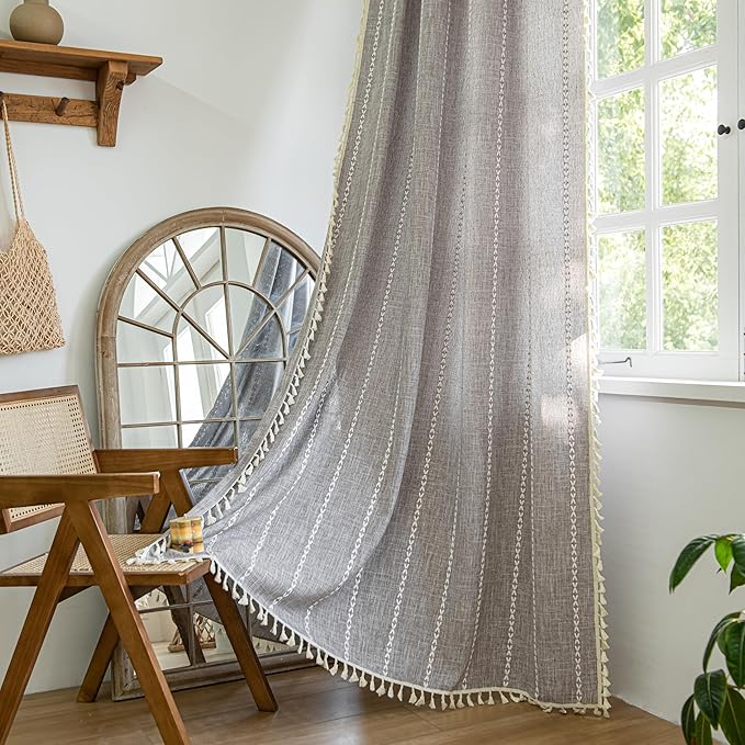 Sutuo Home Brown Boho Curtains 84 inch for Bedroom, Semi Blackout Linen Farmhouse Shabby Chic Tassels Window Treatment Bohemian Embroidery Drape for Halloween Decor, Rod Pocket 1 Panel 52" W x 84" L
