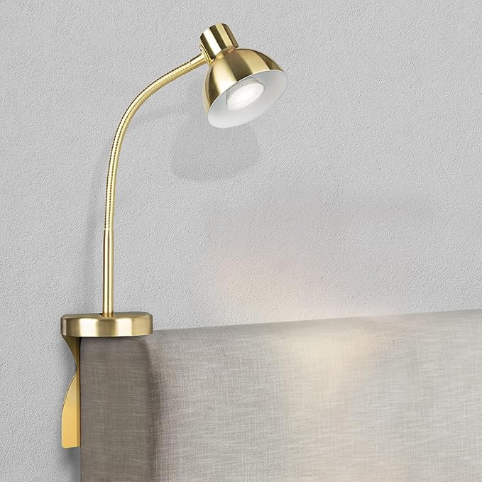 Solfres Patented Innovative Design Headboard Reading Light Pro. No Drilling Book Light for Bedtime Reading. Dimmable LED Book Reading Lamp with Bulb. Movable & Flexible, Gold