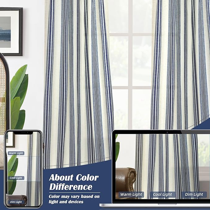 DriftAway Farmhouse Vertical Striped Linen Blend Textured Light Filtering Semi Sheer Curtains for Living Room Bedroom 54 Inches Long Drapes 2 Panels Broad Striped Linen Dark Blue