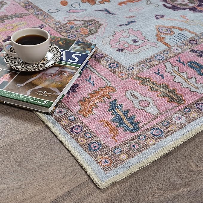 Fame Rugs Pink Beige Modern Oushak Rug 9x12, Vintage Turkish Colorful Oriental Washable Antique Inspired Oversize Area Rugs, Luxury Living Room Bedroom (390PP, 9' x 12)