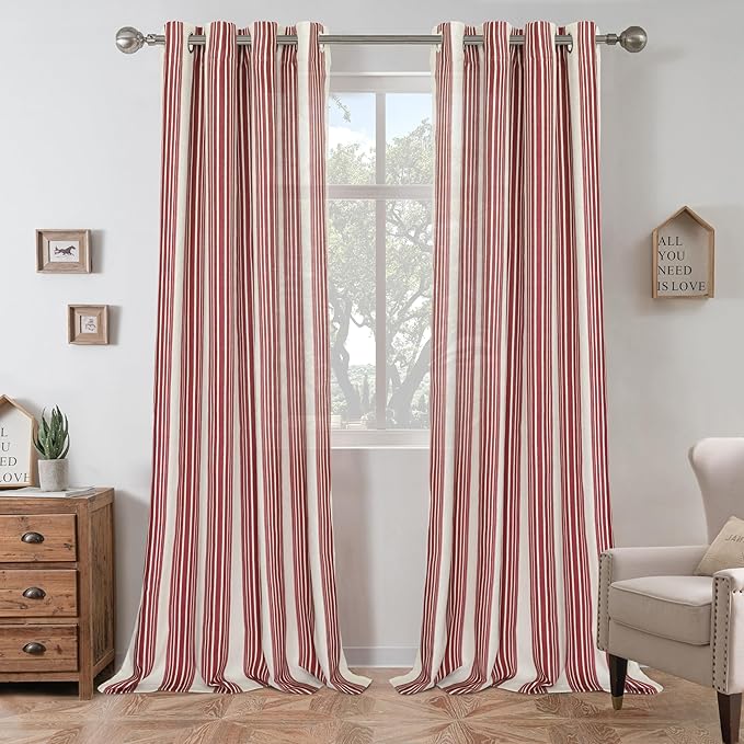 DriftAway Farmhouse Vertical Striped Linen Blend Textured Light Filtering Semi Sheer Curtains for Living Room Bedroom 108 Inches Long Drapes 2 Panels Broad Striped Red