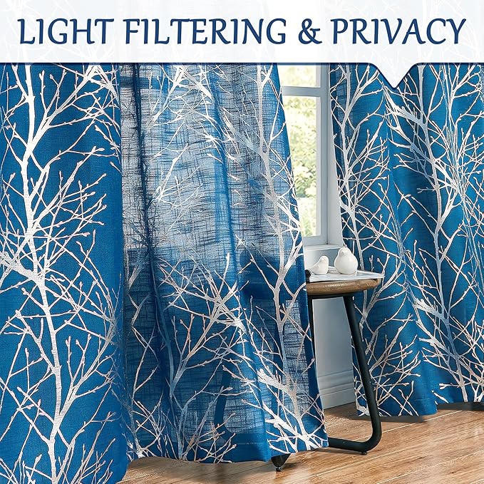 FMFUNCTEX Linen Semi Sheer Curtains for Bedroom and Living Room - Silver Foil Metallic Print Navy Blue Tree Panel, 96 Inches Long, Light Filtering, Grommet Top, 2 Panels