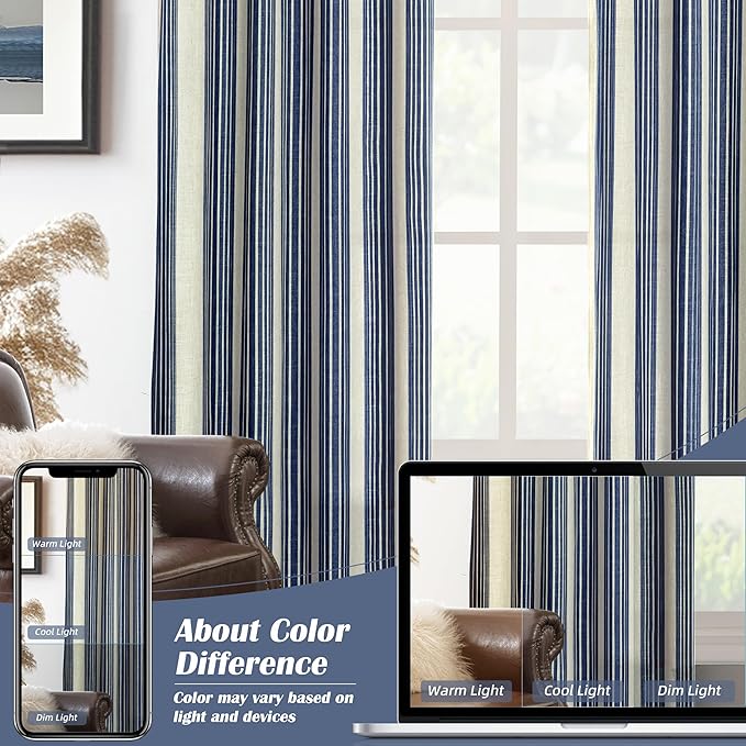 DriftAway Farmhouse Vertical Striped Linen Blend Textured Light Filtering Semi Sheer Curtains for Living Room Bedroom 54 Inches Long Drapes 2 Panels Broad Striped Dark Navy
