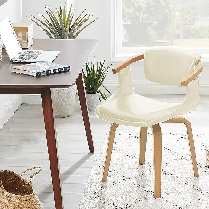 Art Leon Desk Chair No Wheels, Mid Century Modern Swivel Accent Chair, Faux Leather Home Office Desk Chair for Small Spaces Living Room Bedroom, Off White