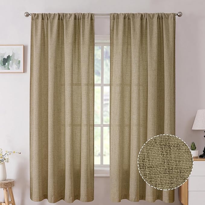 Tollpiz Short Linen Curtain Bedroom Rod Pocket Semi Sheer Curtains Burlap Light Filtering Thick Linen Drape for Living Room, 38 x 54 inches Long, Taupe, Set of 2 Panels
