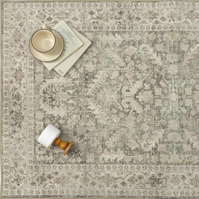 Brown 5x7 Area Rug Vintage Washable Living Room Carpet Non Slip Bedroom Indoor Office Low Pile Traditional Distressed Retro Accent Rug for Dining Room Bathroom Kitchen