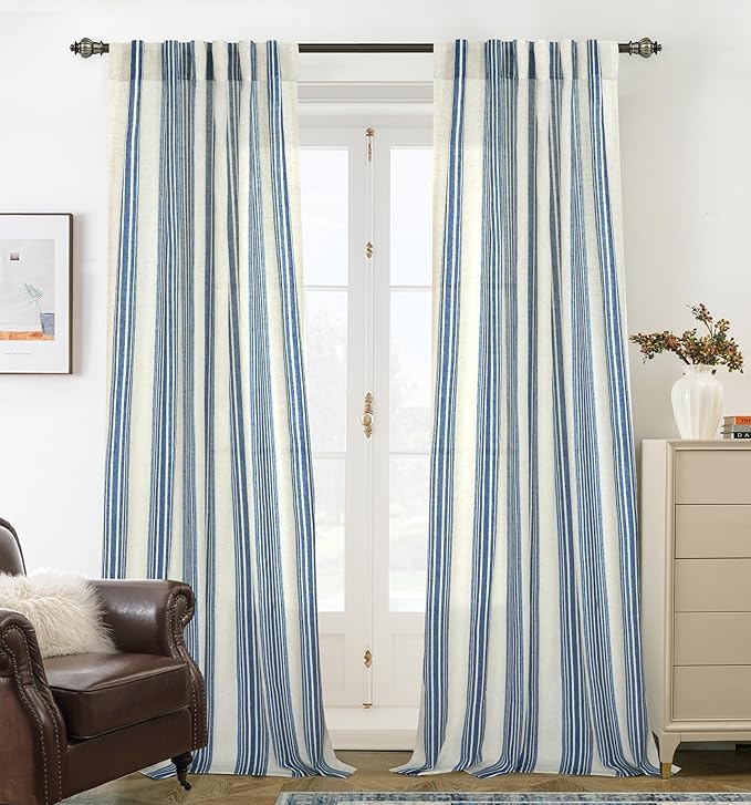 DriftAway Farmhouse Vertical Striped Linen Blend Textured Light Filtering Semi Sheer Curtains for Living Room Bedroom 102 Inches Long Drapes 2 Panels Broad Striped Linen Jean Navy