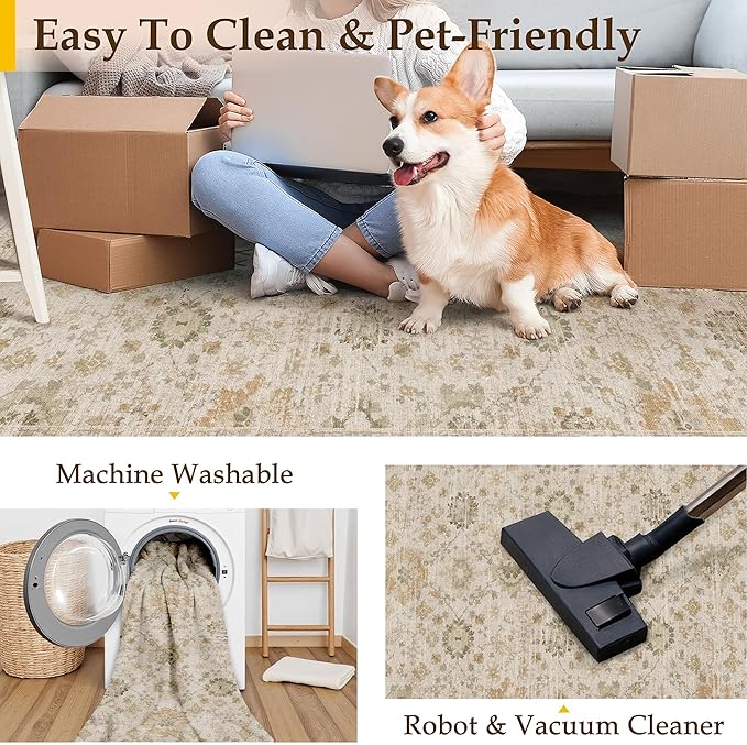 Beige 5x7 Area Rug Non Slip Vintage Living Room Distressed Machine Washable Carpet Retro Indoor Bedroom Floral Traditional Accent Throw Rug for Office Kitchen Dorm Dining Room