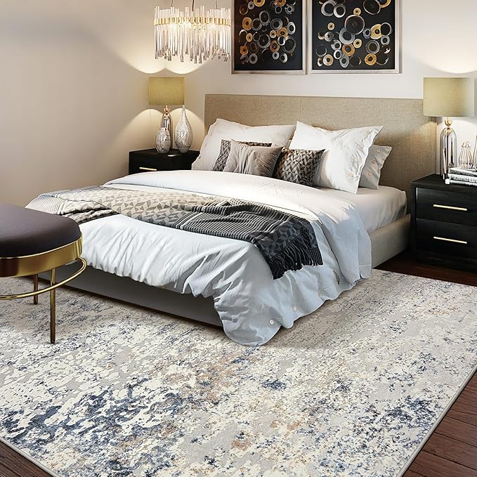 Area Rug Living Room Rugs - 10x12 Large Soft Indoor Neutral Modern Abstract Low Pile Washable Rug Carpet for Bedroom Dining Room Farmhouse Home Office - Beige Blue