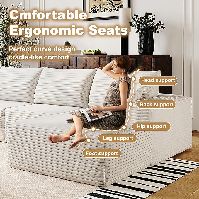 136" Sectional Couches for Living Room Modern Modular Sofa with L-Shape Couchs Upholstered Boneless Couch Deep Seat Sectional Couch with Chaise (White, Right Facing Chaise+3Seaters)