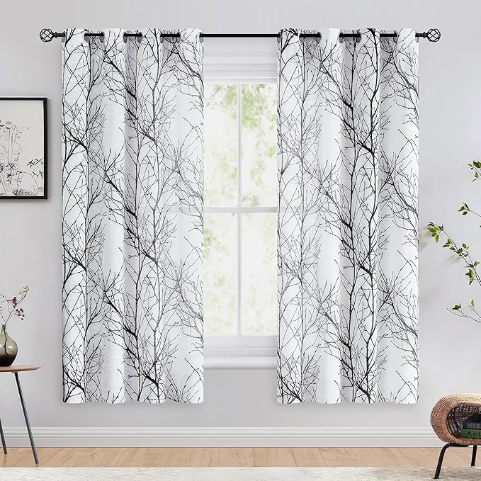 FMFUNCTEX Linen Semi Sheer Curtains for Bedroom, Black White Curtains 63 Inches Long for Living Room, Grey Tree Branch Patterned Curtain Light Filtering Farmhouse Window Drapes, Grommet Top 2 Panels