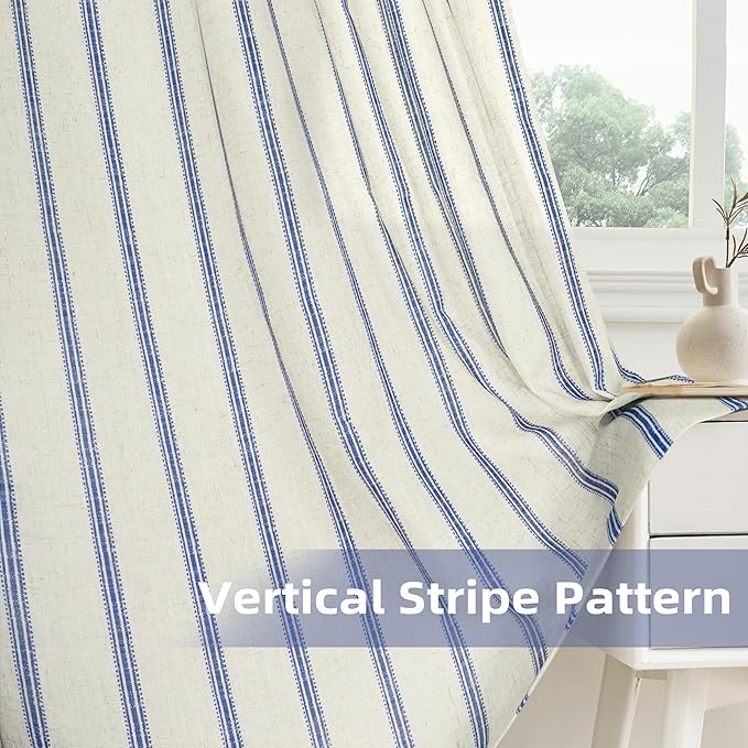 DriftAway Farmhouse Vertical Striped Linen Blend Textured Light Filtering Semi Sheer Curtains for Living Room Bedroom 54 Inches Long Drapes 2 Panels Linen Navy