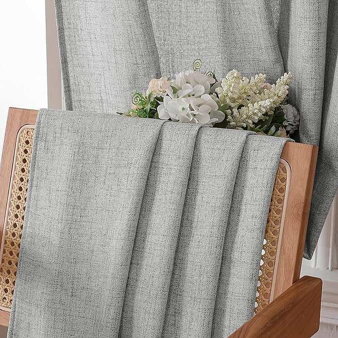 Tollpiz Short Linen Curtains Living Room Rod Pocket Semi Sheer Curtain Burlap Light Filtering Thick Linen Drapes for Bedroom, 54 x 54 inches Long, Silver Grey, Set of 2 Panels