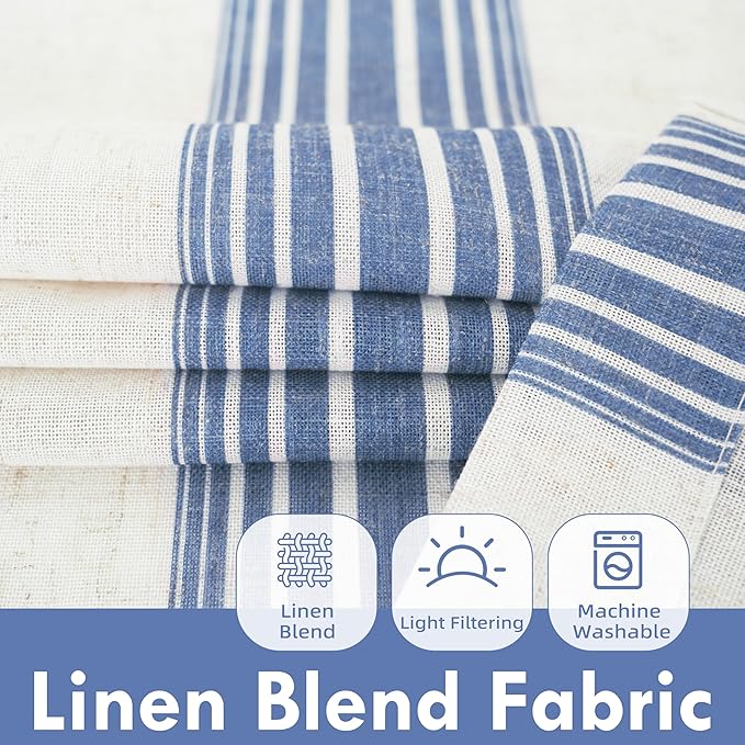 DriftAway Farmhouse Vertical Striped Linen Blend Textured Light Filtering Semi Sheer Curtains for Living Room Bedroom 63 Inches Long Drapes 2 Panels Broad Striped Jean Navy