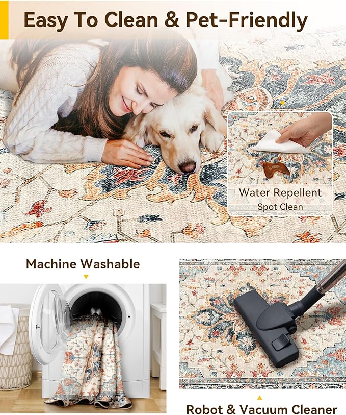 Area Rugs 2'6''x8' Washable Non-Slip, Floral Vintage Distress Print Pattern Medallion Carpet for Living Room Bedroom Dining Room, Beige Navy Blue Orange Colorful