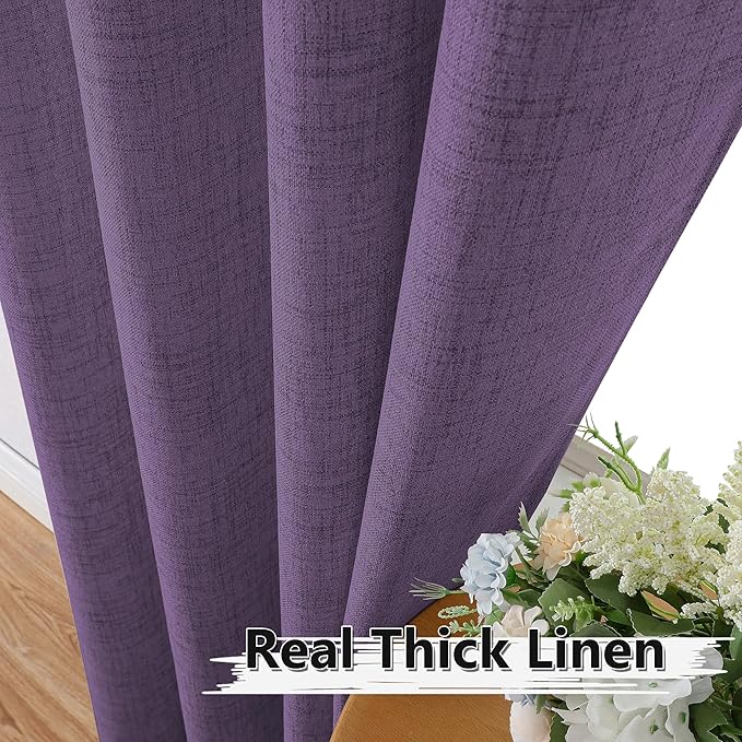 Tollpiz Short Linen Curtain Living Room Rod Pocket Semi Sheer Curtains Burlap Light Filtering Thick Linen Drape for Bedroom, 54 x 45 inches Long, Royal Purple, Set of 2 Panels