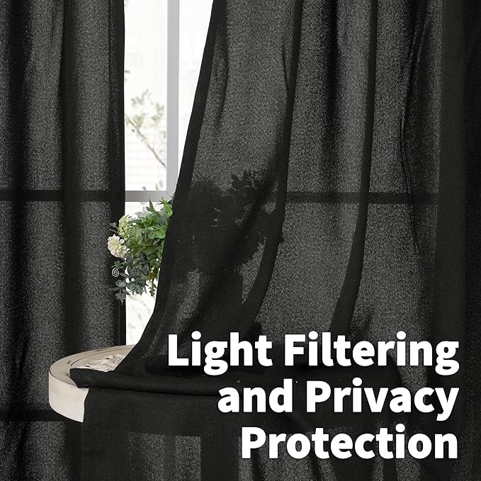 YoungsTex Black Linen Semi Sheer Curtains 95 inch Long 2 Panels, Bronze Grommet Light Filtering Drapes Floor Length for Living Room Bedroom Hallown Gothic Decorative, 52 X 95 Inch