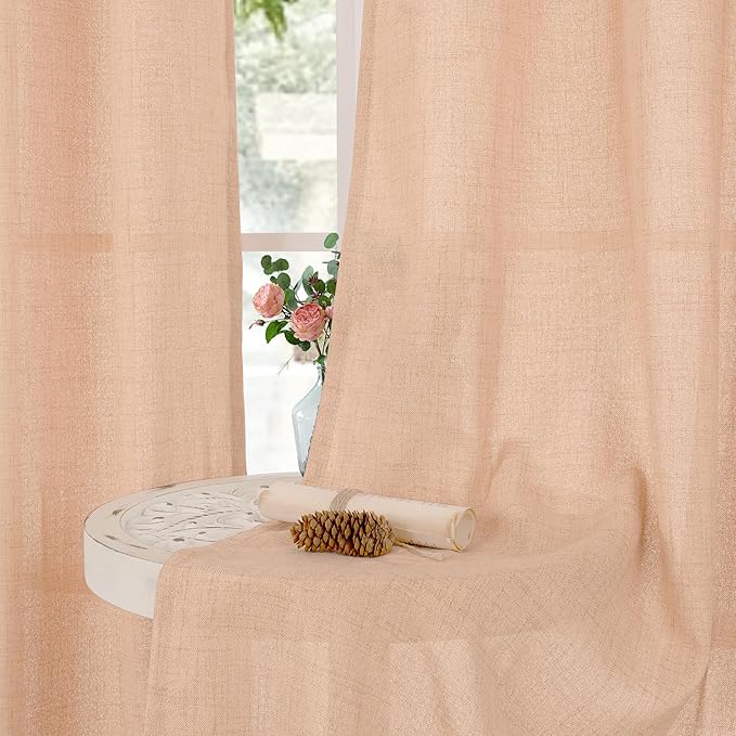 YoungsTex Peach Linen Semi Sheer Curtains 40 Inches Long for Kitchen Cafe Window, Short Drapes with Bronze Grommet Privacy Light Filtering for Living Room Bathroom Bedroom, 42 x 40 Inch, 2 Panels