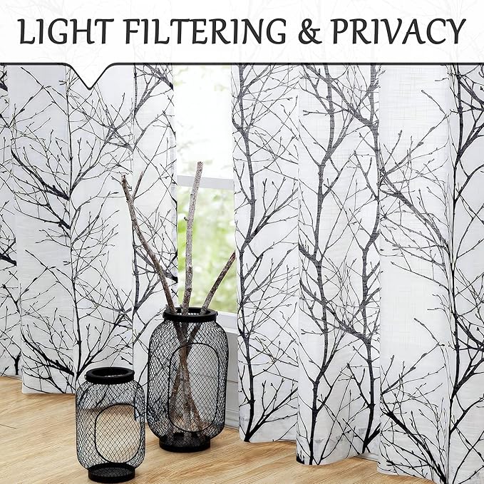 FMFUNCTEX Black White Linen Sheer Sliding Glass Door Curtain for Living Room Modern Tree Branch Print Window Curtain for Office, Light Filtering 100 Inch Extra Wide Sheer Room Divider Curtain 1 Panel