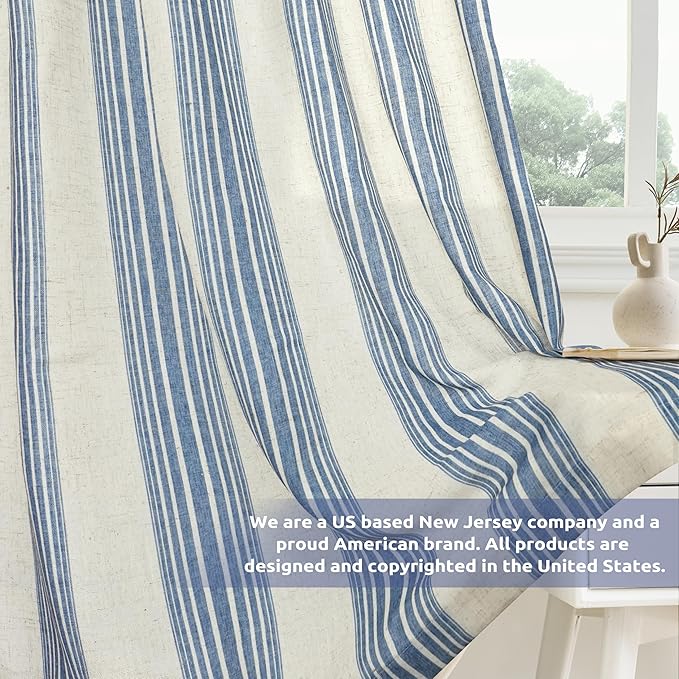 DriftAway Farmhouse Vertical Striped Linen Blend Textured Light Filtering Semi Sheer Curtains for Living Room Bedroom 72 Inches Long Drapes 2 Panels Broad Striped Linen Jean Navy