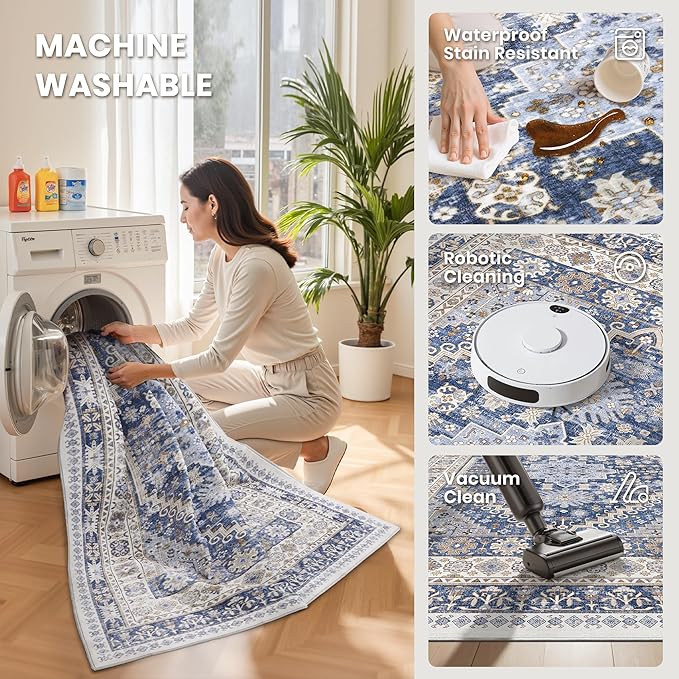 zesthome Washable Runner Rug 2.5x10 - Stain Resistant Entryway Rug,Ultra-Thin Kitchen Rugs, Anti Slip Backing Runner Rugs for Entrance Laundry Room Indoor Hallway (Blue/Beige,2.5'x10')