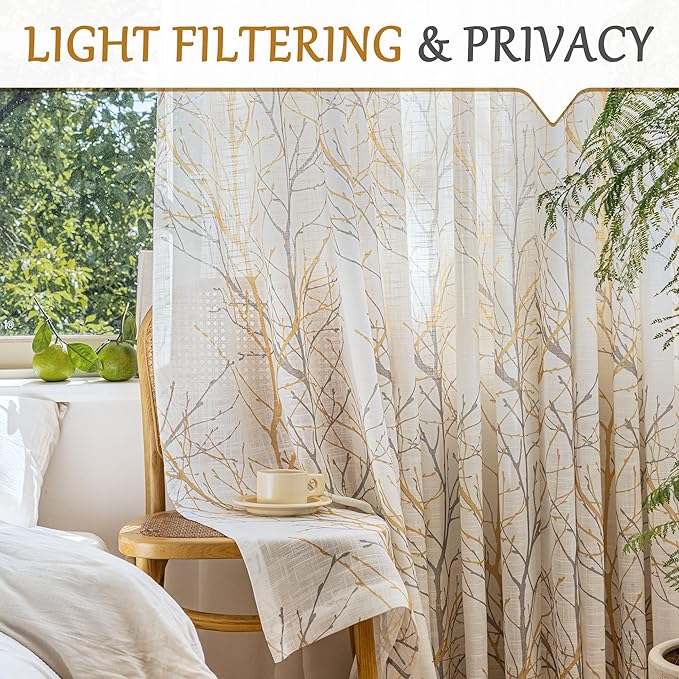 FMFUNCTEX Linen Semi Sheer Curtains for Bedroom, Yellow White Curtains 72 Inches Long for Living Room, Grey Tree Branch Print Curtain Light Filtering Farmhouse Window Drapes, Grommet Top 2 Panels