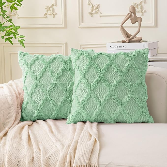 Set of 2 Soft Moroccan Throw Pillow Covers 20x20 Inch Plush Boho Decorative Pillow Cover Accent Cushion Case for Couch Sofa Bed, Sage Green