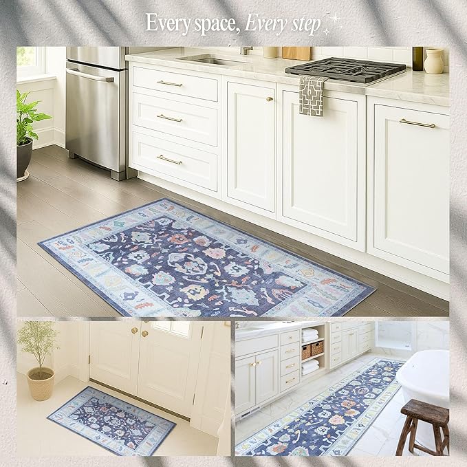 Fame Rugs Navy Blue Modern Oushak Rug 2x3, Vintage Doormat Turkish Colorful Oriental Antique Inspired Washable Small Area Rug, Luxury Living Room Bedroom (388NB, 2' x 3')