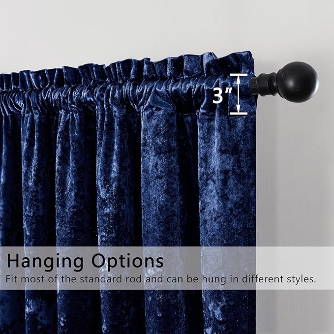 SMILETIME Navy Blue Crushed Velvet Curtains 52x84inch Rod Pocket Luxurious Thermal Insulated Soundproof Drapes Soft and Durable Light-Filtering Window Treatments for Living Room Bedroom, 2 Panels