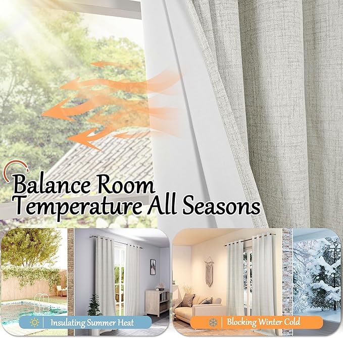 100% Blackout Curtains for Bedroom 63 Inch Length 2 Panels, Thermal Insulated Complete Light Blocking Noise Reducing Linen Window Curtains for Nursery, Bronze Grommet, Each 52" Wide, Light Grey