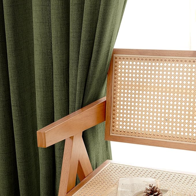 YoungsTex Olive Linen Curtains 90 Inch Length 2 Panels for Living Room, Dark Green Semi Sheer Drapes with Bronze Grommet Extre Long Window Treatments for Bedroom Dining, 52 X 90 Inch