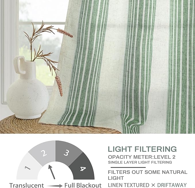 DriftAway Farmhouse Vertical Striped Linen Blend Textured Light Filtering Semi Sheer Curtains for Living Room Bedroom 108 Inches Long Drapes 2 Panels Broad Striped Linen Loden Green