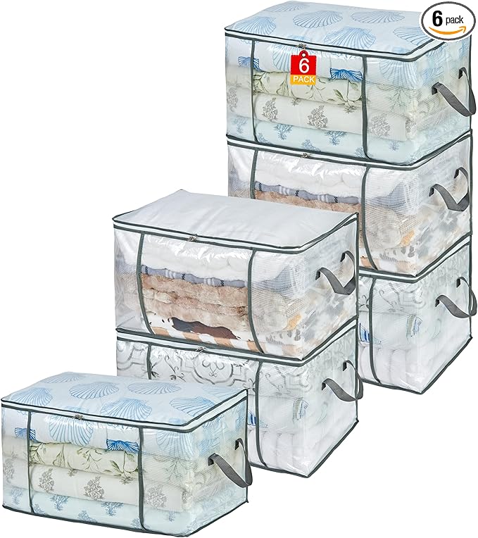 80L Clear Large Storage Bag, Clothes Storage Containers for Organizing Closet, Bedroom, Underbed, Comforters, Clothing, Blankets, Pillow, Foldable Organizer with Sturdy Handle and Zippers (6)