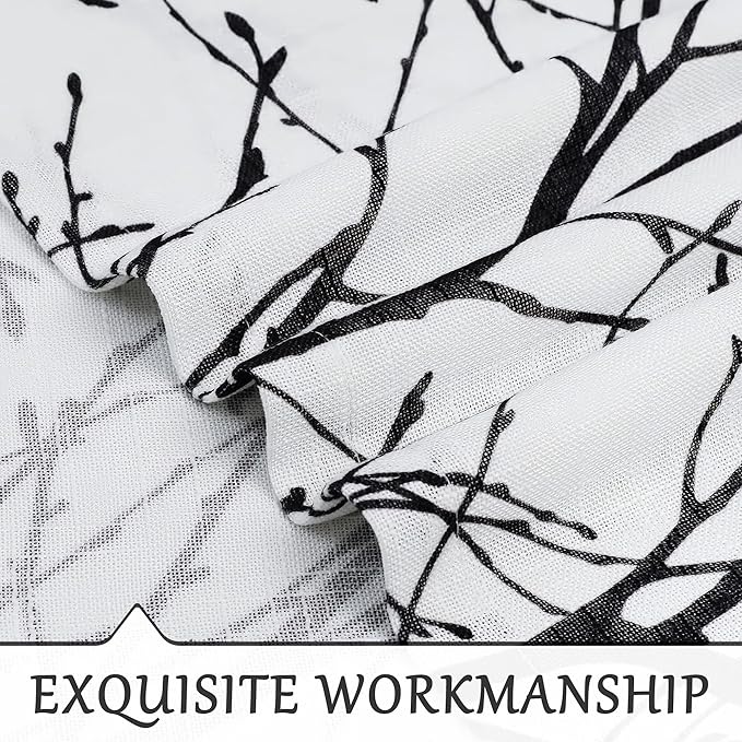 FMFUNCTEX Linen Semi Sheer Curtains for Bedroom, Black White Curtains 96 Inches Long for Living Room, Grey Tree Branch Patterned Curtain Light Filtering Farmhouse Window Drapes, Grommet Top 2 Panels