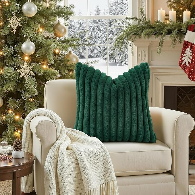 decorUhome Faux Fur Spring Throw Pillow Covers 18x18 Set of 2, Decorative Soft Plush Striped Neutral Couch Pillow Covers with Velvet Back for Sofa, Bed, Living Room Home, Christmas Green