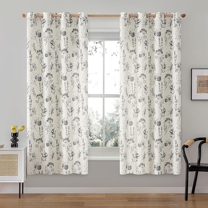 FMFUNCTEX Linen Curtains Floral Patterned Curtain for Bedroom Living Room, Black Curtains 63 Inch Length Farmhouse, Light Filtering Beige Window Curtain Grommet Top 2 Panels Set