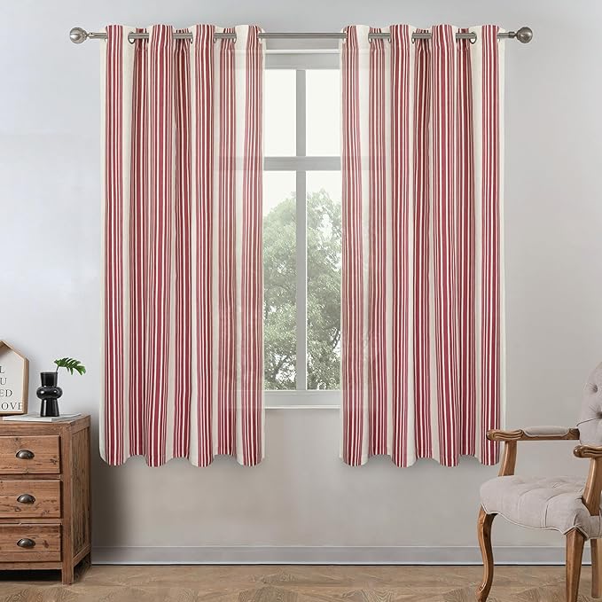 DriftAway Farmhouse Vertical Striped Linen Blend Textured Light Filtering Semi Sheer Curtains for Living Room Bedroom 63 Inches Long Drapes 2 Panels Broad Striped Red