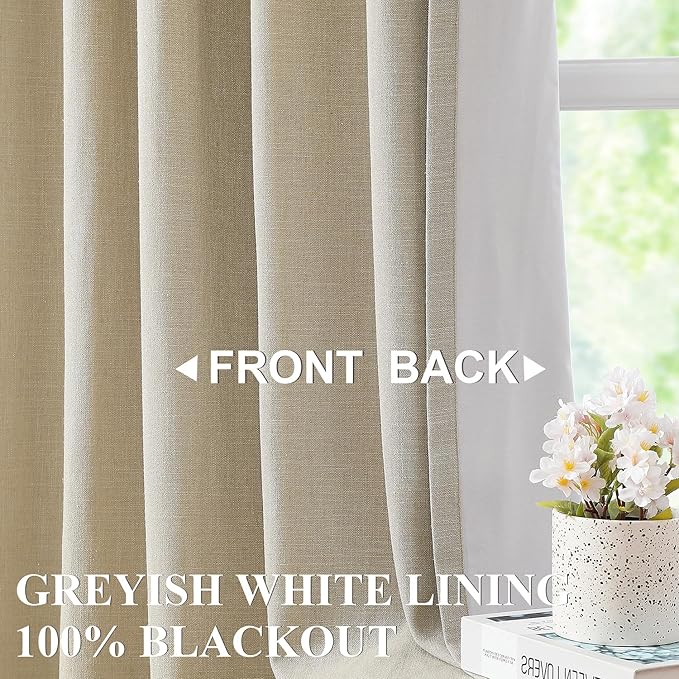 Vision Home Sand Linen Full Blackout Curtains for Bedroom Living Room Darkening Soundproof Window Curtains 63 inch Thermal Insulated Rod Pocket Back Tab Rustic Drapes 2 Panels 56" Wx63 L