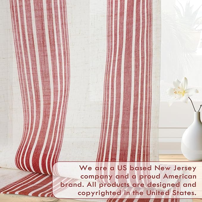 DriftAway Farmhouse Vertical Striped Linen Blend Textured Light Filtering Semi Sheer Curtains for Living Room Bedroom 63 Inches Long Drapes 2 Panels Broad Striped Linen Red