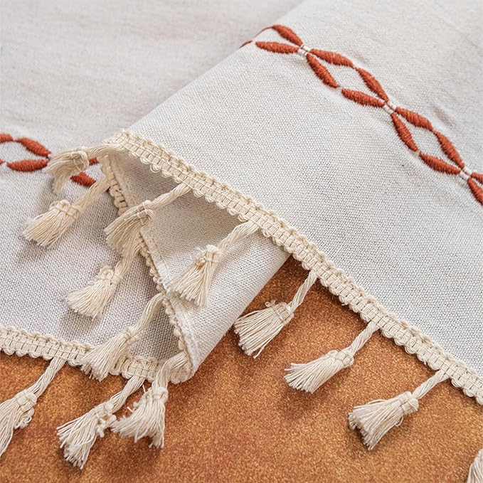 Sutuo Home White and Terracotta Boho Curtains for Bedroom Living Dining Room 90 Inches Long, Light Filtering Cotton Embroideried Bohemian Striped Farmhouse Autumn Halloween Decor,1 Panel,52" W x 90" L