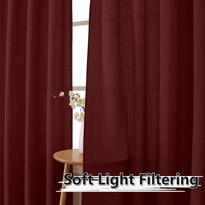 Tollpiz Short Linen Curtains Living Room Rod Pocket Semi Sheer Curtain Burlap Light Filtering Thick Linen Drapes for Bedroom, 54 x 54 inches Long, Burgundy Red, Set of 2 Panels