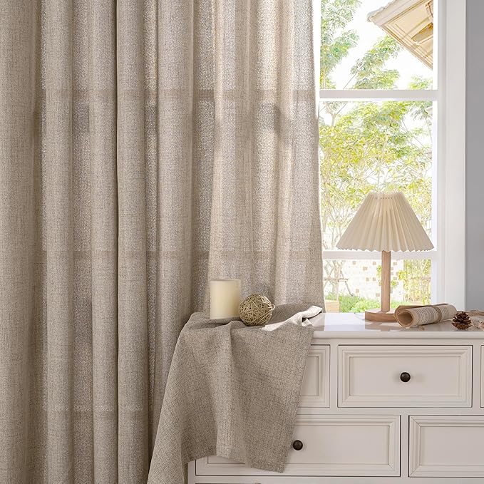 YoungsTex 48 Inch Length Linen Curtains for Short Window, Oatmeal Burlap Light Filtering Drapes with Bronze Grommet Privacy for Kitchen Living Room Window, 42 x 48 Inch, 2 Panels