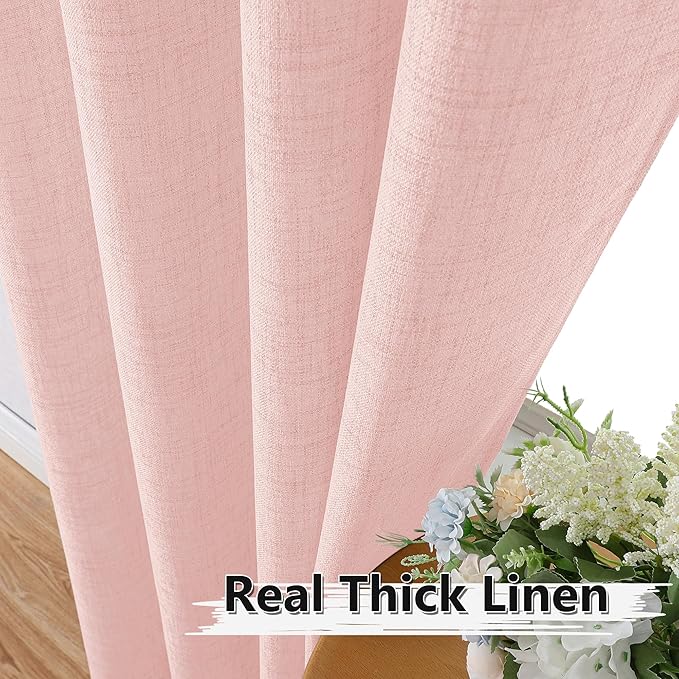 Tollpiz Short Linen Curtain Bedroom Rod Pocket Semi Sheer Curtains Burlap Light Filtering Thick Linen Drape for Living Room, 38 x 54 inches Long, Pink, Set of 2 Panels