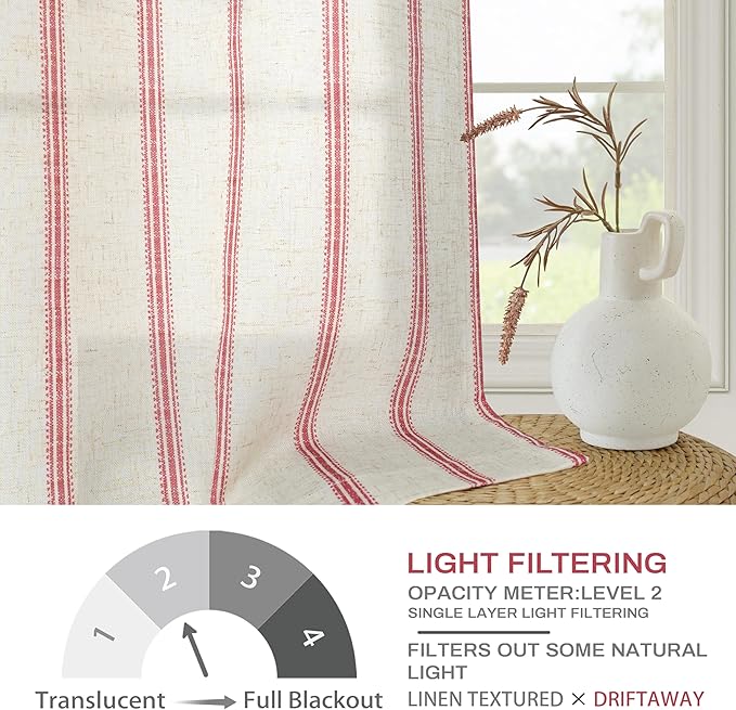 DriftAway Farmhouse Vertical Striped Linen Blend Textured Light Filtering Semi Sheer Curtains for Living Room Bedroom 84 Inches Long Drapes 2 Panels Linen Red