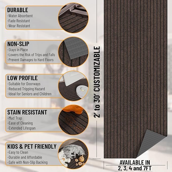 Ottomanson 2'7" x 6' Hallway Runner with Scraper Pile - Extra Durable Non-Slip Rug Mat for Indoor & Outdoor Use - Ideal for Kitchen, Entryway & Garage - High-Traffic Carpet, Brown
