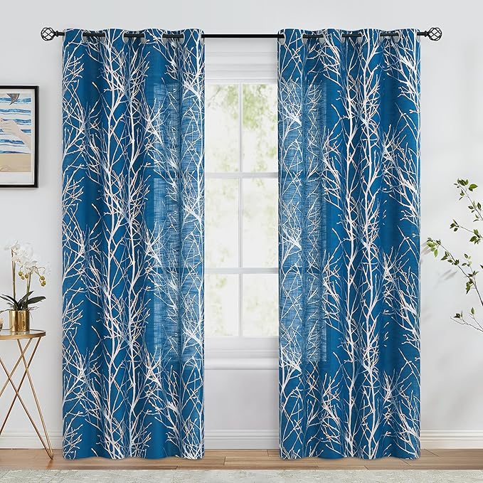 FMFUNCTEX Linen Semi Sheer Curtains for Bedroom and Living Room - Silver Foil Metallic Print Navy Blue Tree Panel, 96 Inches Long, Light Filtering, Grommet Top, 2 Panels