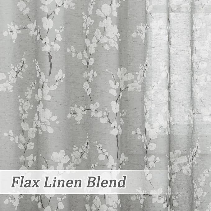 FMFUNCTEX Linen Sheer Curtains for Bedroom, Grey White Blossom Print Curtains 84 Inches Long for Living Room,Floral Patterned Farmhouse Curtain Light Filtering Window Drapes 2 Panels, Rod Pocket