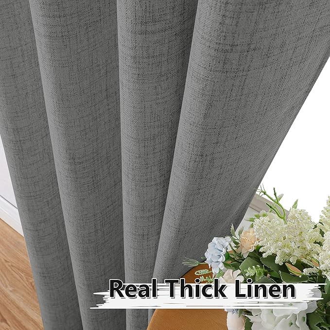 Tollpiz Short Linen Curtains Living Room Rod Pocket Semi Sheer Curtain Burlap Light Filtering Thick Linen Drapes for Bedroom, 54 x 54 inches Long, Dark Grey, Set of 2 Panels