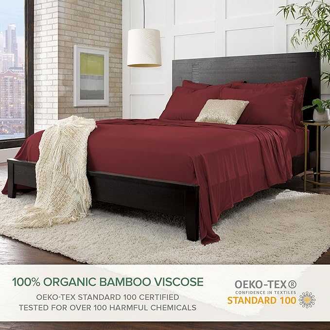 Pure Bamboo Full Sheets, Genuine 100% Organic Viscose Derived from Bamboo Bed Sheet Set, Luxuriously Soft & Cooling, Double Stitching, 2 Year Quality Promise (Full, Merlot)