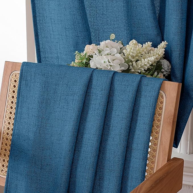Tollpiz Linen Curtain Bedroom Rod Pocket Semi Sheer Curtains Burlap Light Filtering Thick Linen Drape for Living Room, 38 x 84 inches Long, Classic Blue, Set of 2 Panels